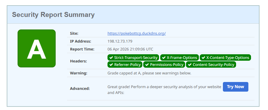 PokeBotTCG security headers score A - all six headers present