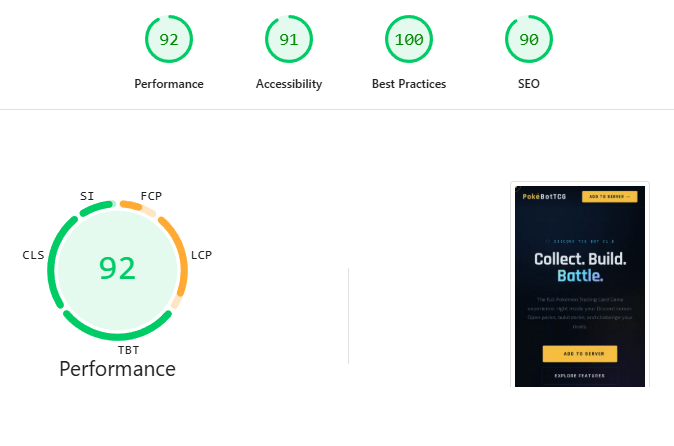 PokeBotTCG PageSpeed mobile score 92