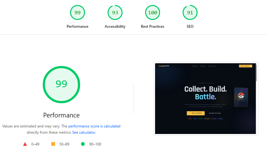 PokeBotTCG PageSpeed desktop score 99
