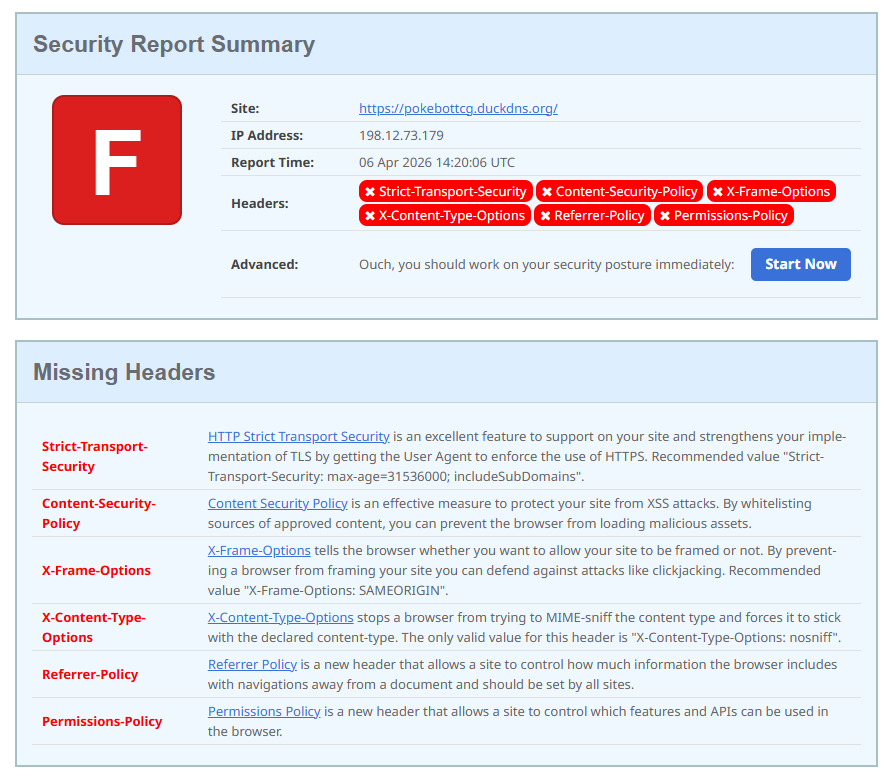 PokeBotTCG security headers score F - all six headers missing